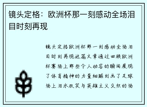 镜头定格：欧洲杯那一刻感动全场泪目时刻再现
